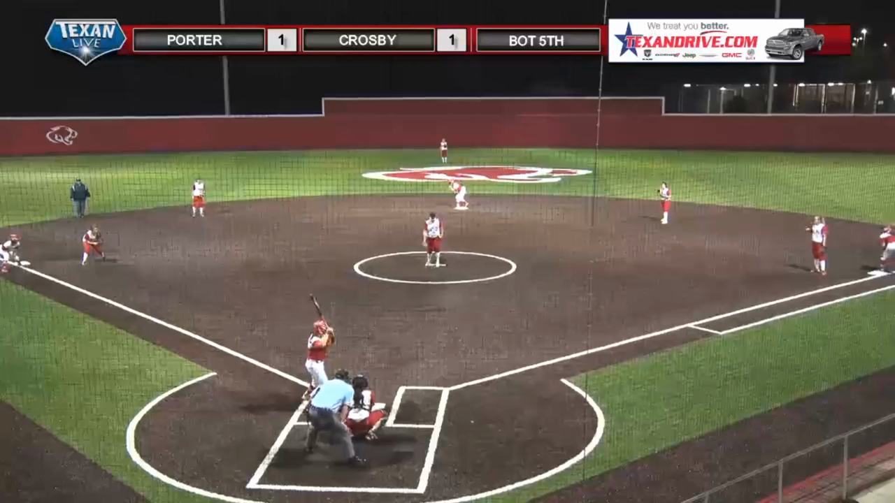 Crosby softball freshman catcher Maggie Herdejurgen hits a grand slam in the bottom of the 5th to take the cougars up 5-1 over the Porter Spartans.