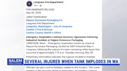 Several Injured When Tank Implodes At Washington Pulp And Paper Mill